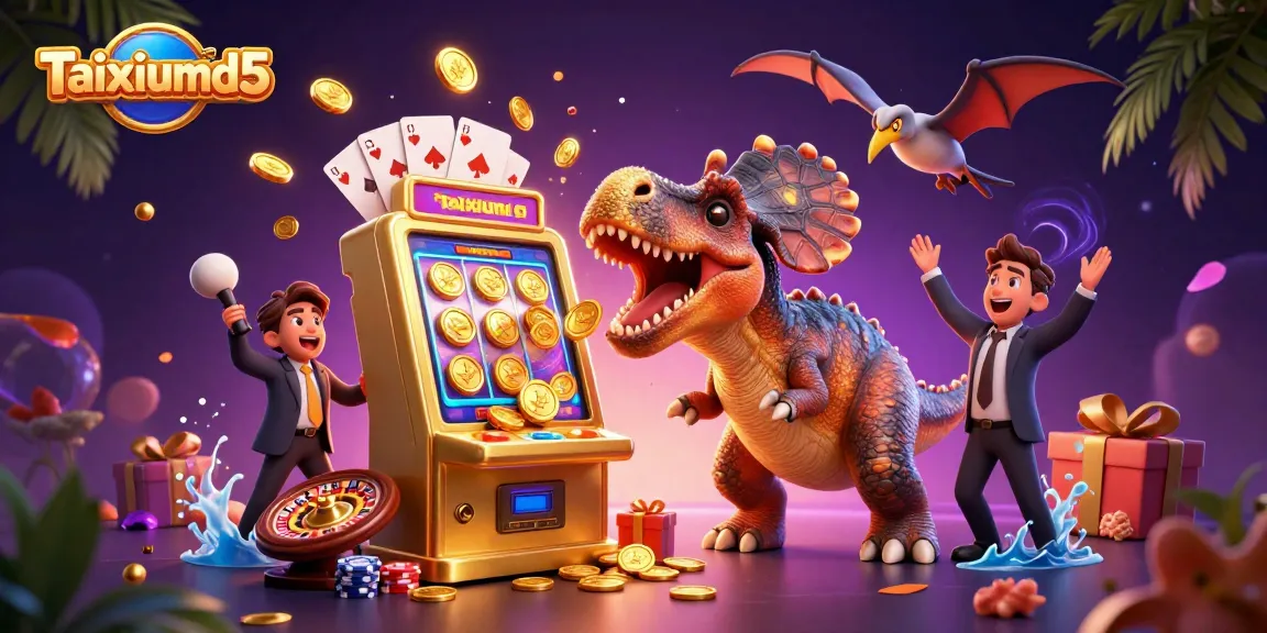 Taixiumd5 jackpot celebration with dinosaurs, showcasing thrilling slot machine action in a vibrant casino scene.