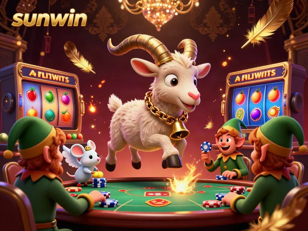 Engage with sunwin's vibrant casino scene of Krampus and playful elf gremlins stealing poker chips amidst lively game elements.