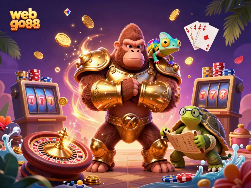 Experience thrilling gaming at web go88 with a gorilla king, chameleon, and tortoise in a vibrant casino scene.