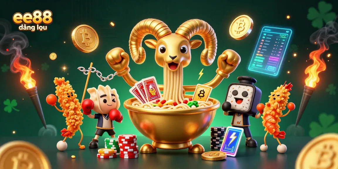 ee88 đăng nhập showcases a vibrant scene of a golden ramen bowl and sushi characters amidst crypto elements