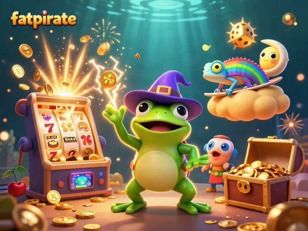 Join the adventure with fatpirate as the weather wizard frog creates a coin storm in a vibrant casino scene.