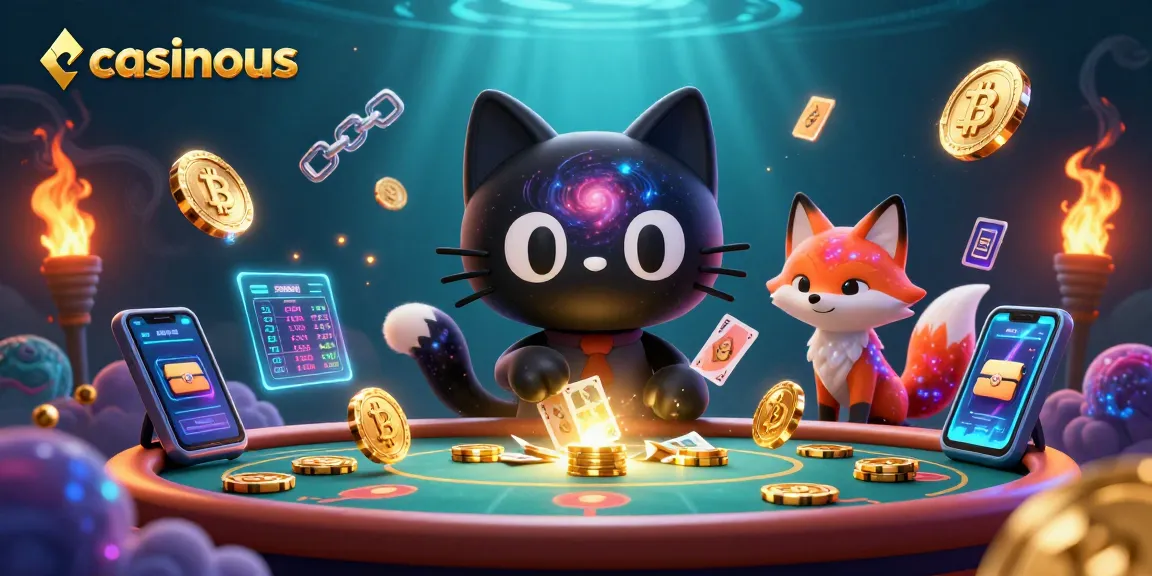 casinous showcases a cosmic casino scene with a black hole cat and nebula fox amid golden chips and cryptocurrency.
