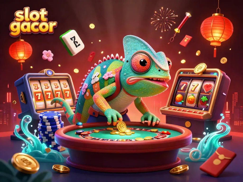 Experience the thrill of slot gacor games with a vibrant chameleon casino owner capturing coins and excitement.