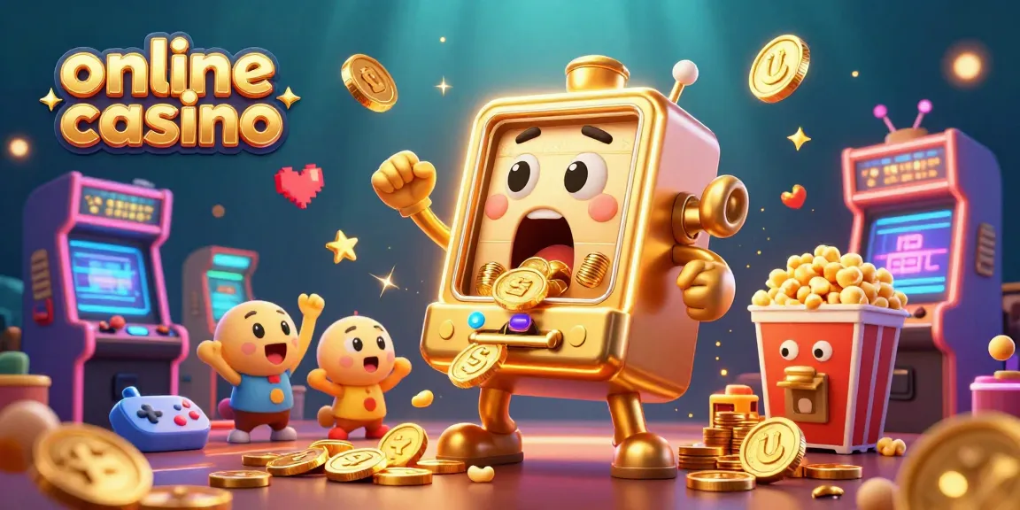 Experience the excitement of an online casino with a jubilant golden slot machine and colorful gaming elements.