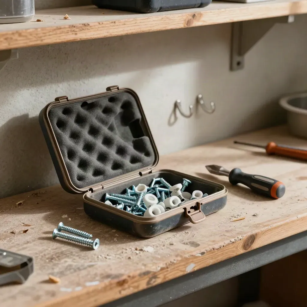 Open reparatieset met schroeven, pluggen en bitdriver op een stoffige werkbank.