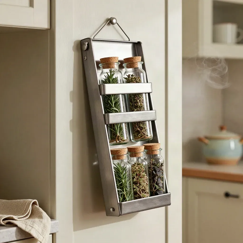 Brushed metalen kruidenrek aan een keukenkastdeur met glazen kruidenpotjes.