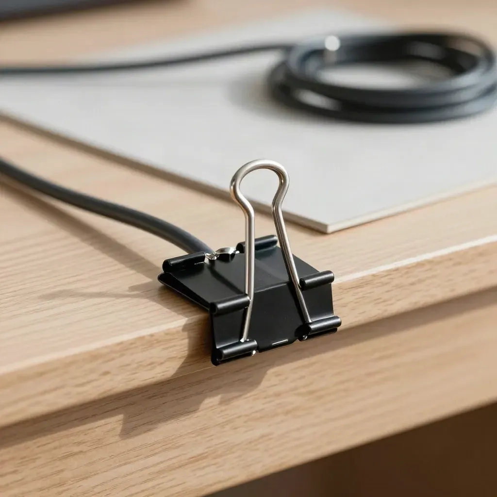 Zwarte kabelclips langs een eiken bureau-rand met los snoer, macro in zacht licht