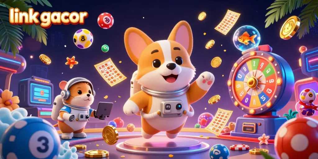 Play games with link gacor in a vibrant 3D casino setting featuring playful characters and exciting elements.