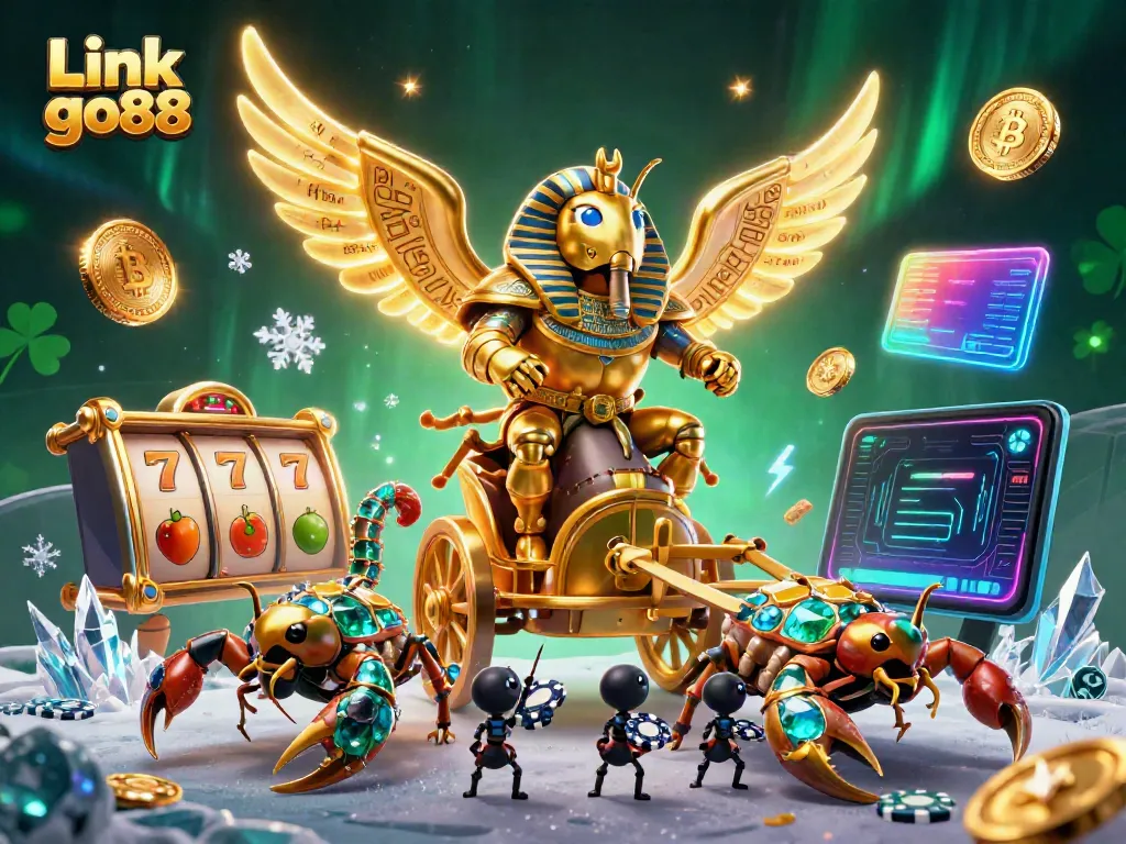 Experience the excitement of Link go88 with a vibrant 3D casino scene featuring golden characters and crypto elements.
