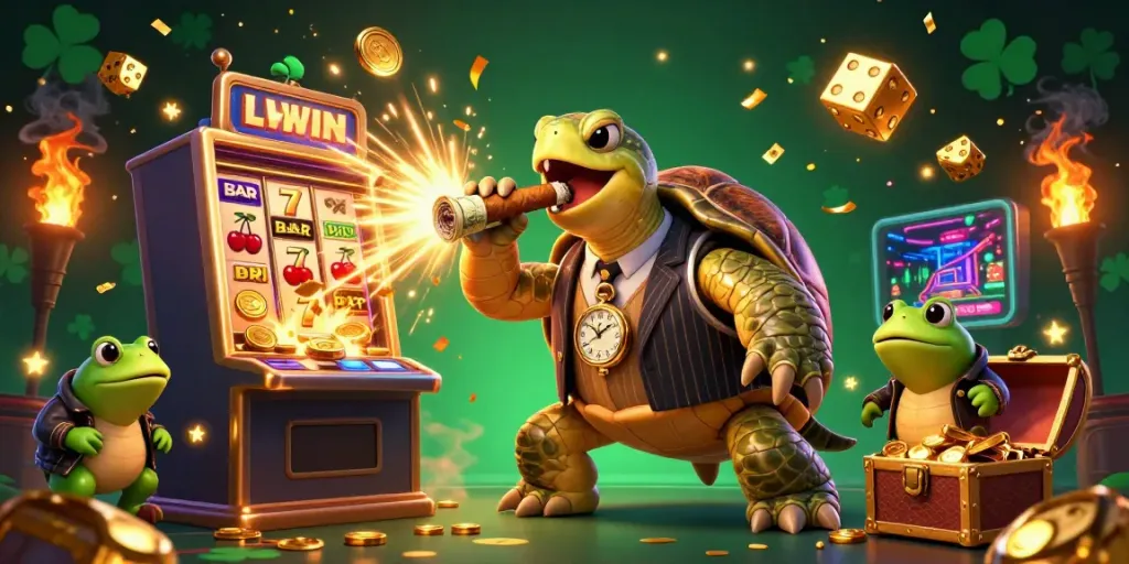 Experience LLWIN excitement with a vibrant 3D illustration featuring a snapping turtle and thrilling casino elements.
