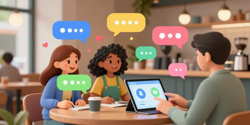 Engaging lively scene of juicy chat ai with animated characters interacting in a cozy café setting.