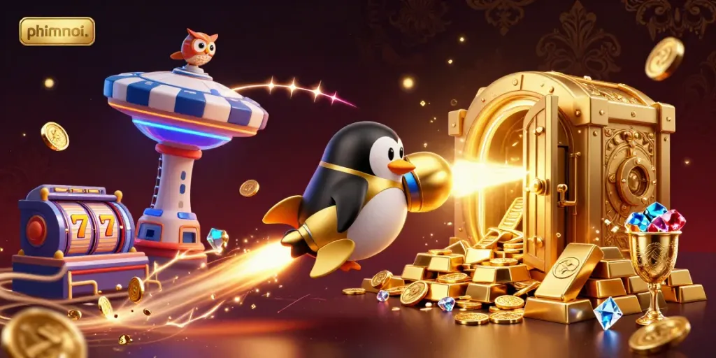 Experience thrilling gameplay with phimmoi, as golden penguins fly toward exciting jackpots in a vibrant casino.