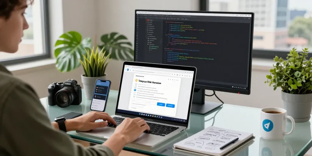 Engaging workspace showcasing Telegram Web Version in use, modern tech atmosphere with devices.