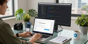 Engaging workspace showcasing Telegram Web Version in use, modern tech atmosphere with devices.