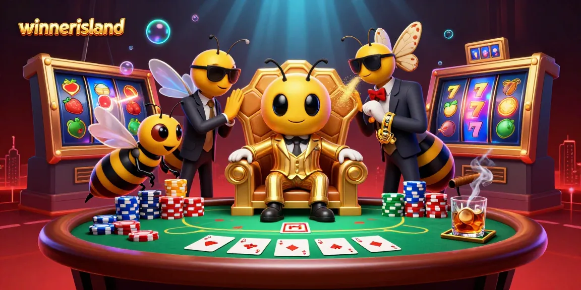winnerisland showcases a lively casino scene with a cartoon bumblebee mob boss and gambling elements.