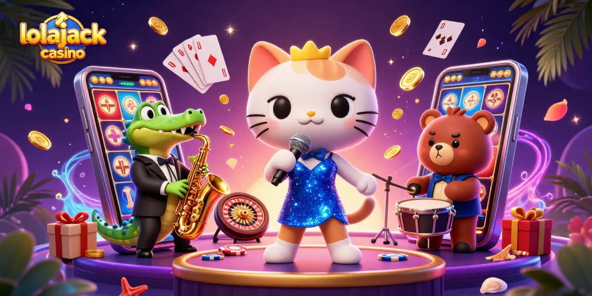 Experience the excitement of lolajack casino with vibrant characters and gaming elements in a captivating scene.