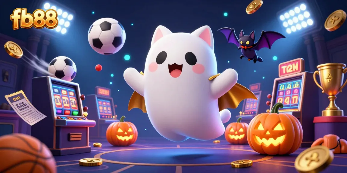 Bettors enjoy a thrilling experience with fb88, featuring a whimsical ghost cat and vibrant casino elements.