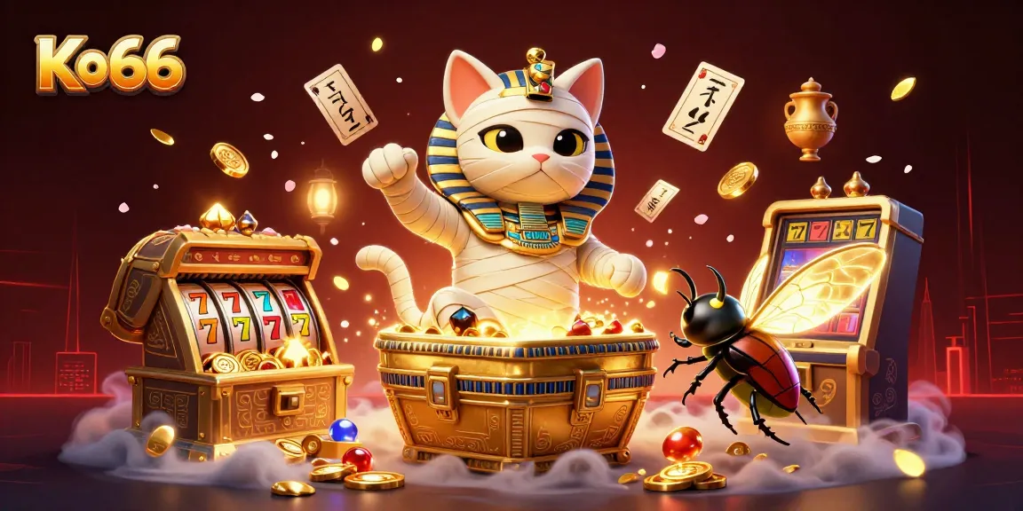 Engage with the thrilling Ko66 casino experience featuring a lively mummy cat and treasures.