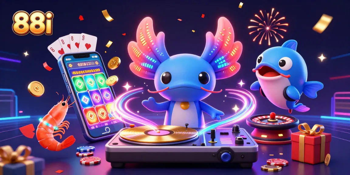 88i showcases vibrant casino celebration with neon axolotl DJ and gaming elements