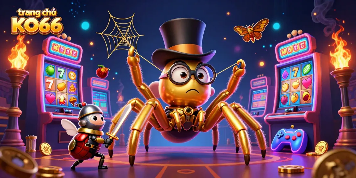 Explore the vibrant and engaging scene of trang chủ KO66, featuring a golden tarantula and a beetle knight in a dynamic casino setting.