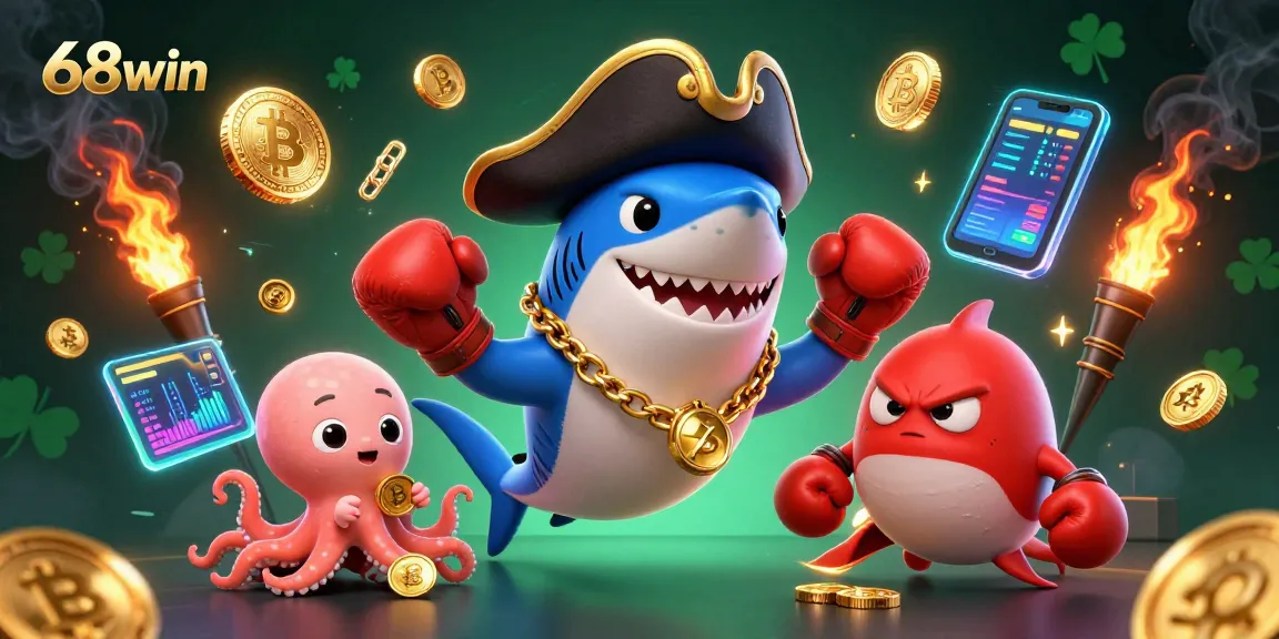 Experience the thrill of 68win with unique casino characters and vibrant crypto elements.