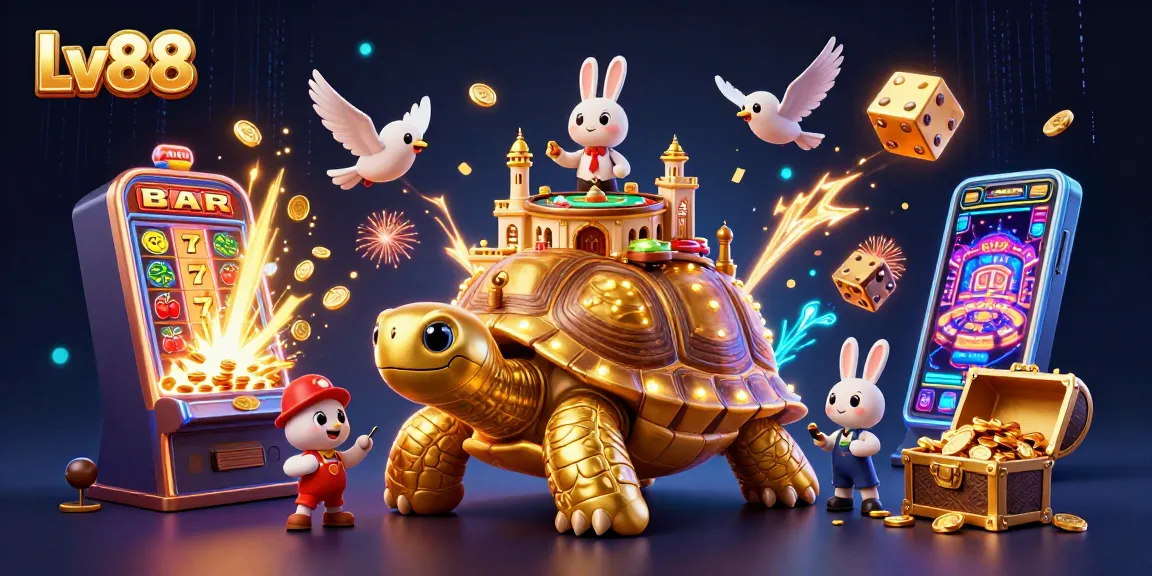 Enjoy thrilling games at Lv88 featuring a golden tortoise casino with a rabbit dealer and flying coins.