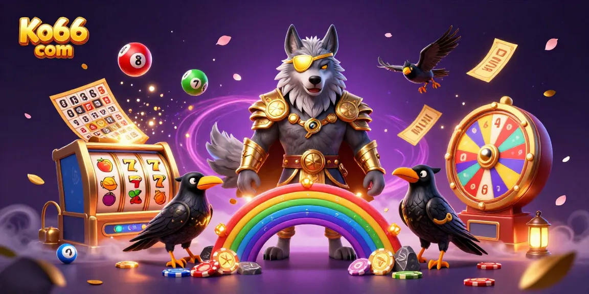 Experience vibrant gaming with Ko66 com, featuring dynamic slot reels and colorful lottery elements.