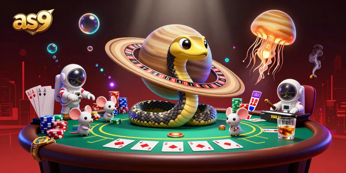 as9 casino scene featuring a Saturn ring snake and astronaut mice betting, with vibrant poker elements