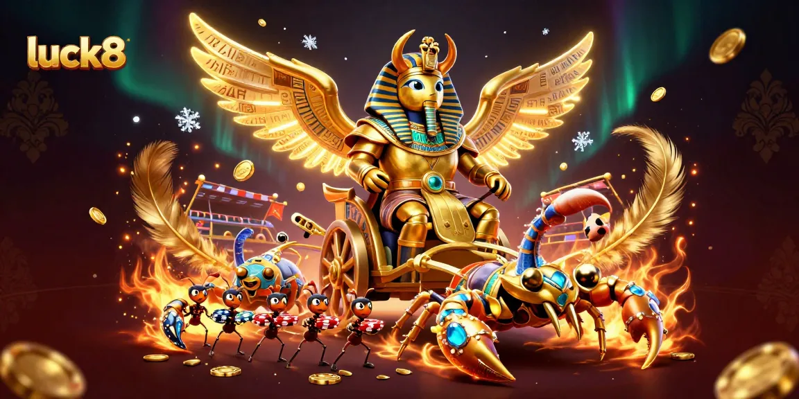 Experience thrilling sports betting with luck8's vibrant illustration featuring a golden scarab beetle and scorpion chariot.